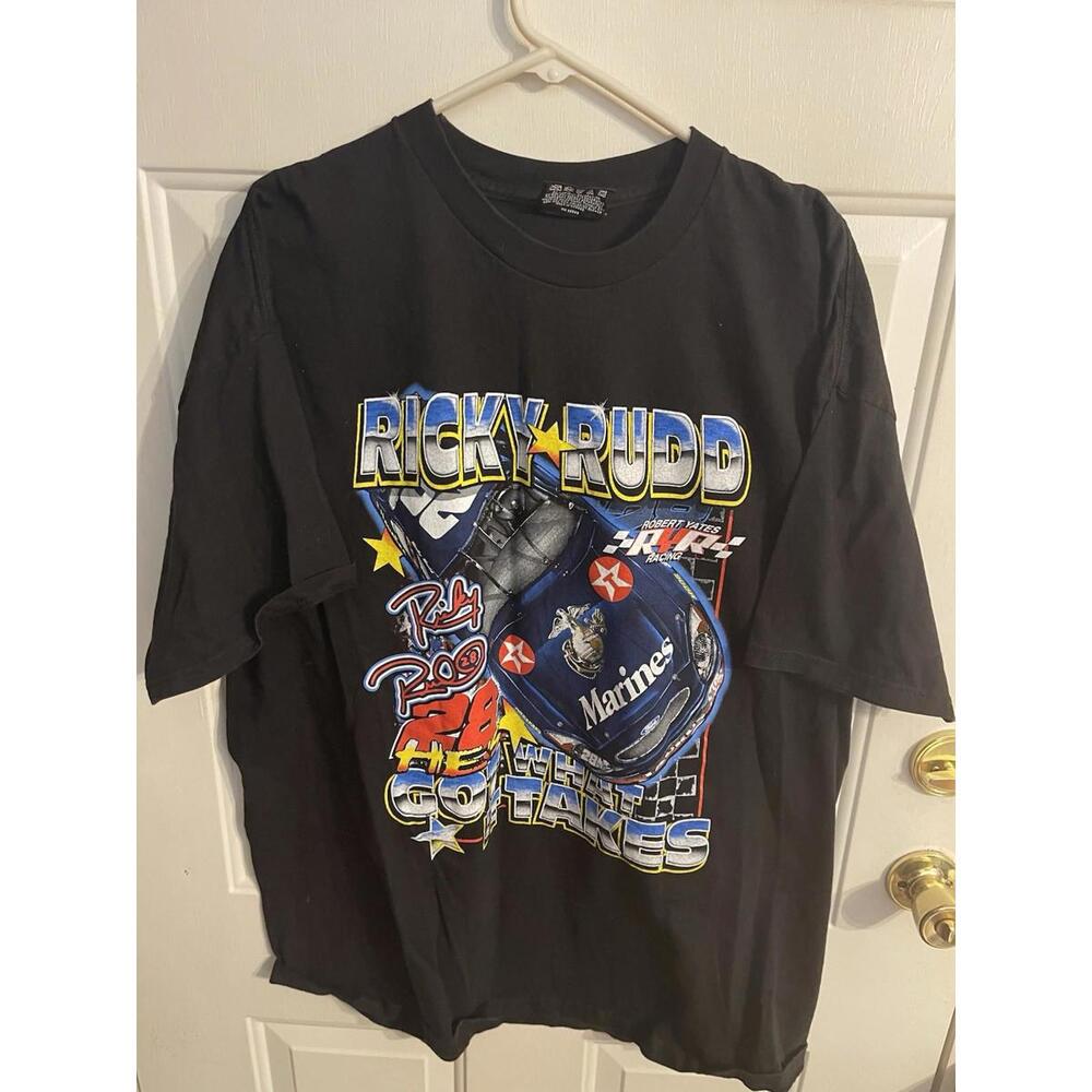 Vintage Ricky Rudd NASCAR All Over Print T-Shirt Total Size XL – Marines #28